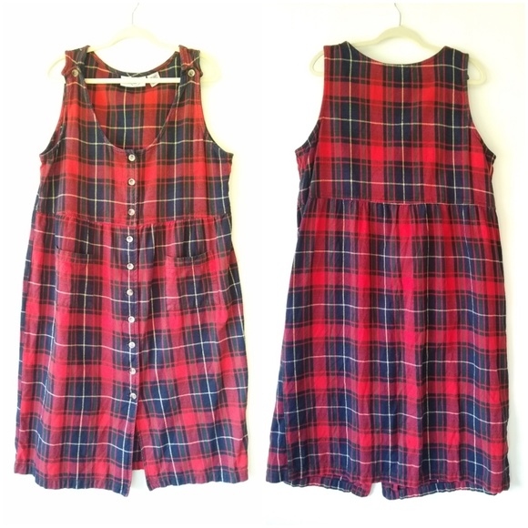 Vintage Dresses & Skirts - Vintage • red tartan plaid button front jumper